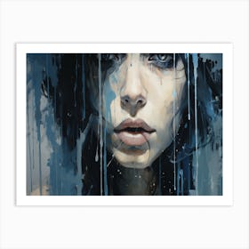 Girl In Blue Rain Art Print