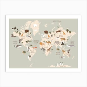 Modern World Map With Animals In Green Art Print