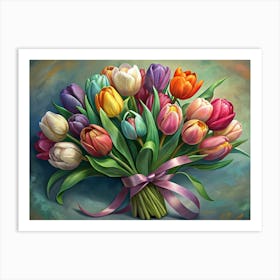 Colorful Bouquet Of Tulips With A Pink Ribbon Art Print