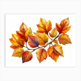 Watercolor Painting Of Autumn Leaves On A Branch Art Print