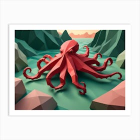 A Red, Low Poly Octopus On A Teal Background With Geometric Rock Formations Art Print