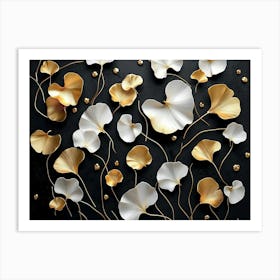 3d Floral Art With Golden Ginko Biloba Leaves And White Flowers On Black Background 1 Art Print