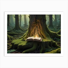 A Magical, Fantastical Forest Scene With A Book Resting On The Base Of A Large Tree, Glowing With Light And Surrounded By Vibrant Green Foliage And Ethereal Particles Art Print