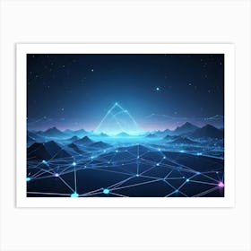 Abstract Wireframe Mountains In A Blue Glowing Network Art Print