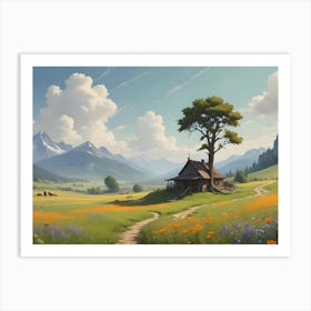 A Peaceful, Idyllic Landscape Featuring A Rustic Cabin Nestled In A Green Valley Surrounded By Mountains And Wildflowers Under A Bright, Blue Sky Art Print