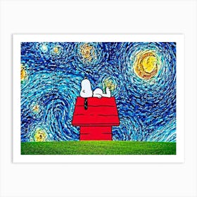 dog sleep red house Starry Night Van Gogh Parody Art Print
