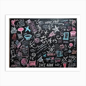 Blackboard Art Showcasing The Creative Chaos Of Chalk White Strokes Swirling With Abstract Circles A (1) Art Print