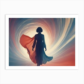 Silhouette Of A Woman In A Flowing Red Dress Walking Towards A Swirling Vortex Of Light Art Print