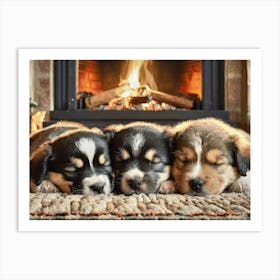 Cosy Puppies by the fire 2 Art Print