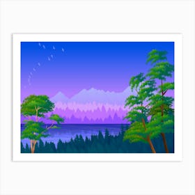 Landscape Illustration Nature Sky Twilight Trees Forest Blue Purple Green Water Lake Art Print