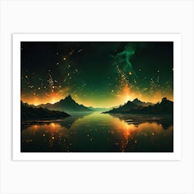 A Breathtaking Landscape Of Volcanic Mountains Erupting Under A Green Nebula Filled Sky, Reflected Perfectly In The Still Water Of A Lake, Creating A Scene Of Serene Destruction Art Print