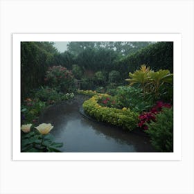 Garden On A Rainy Day Full Of Flowers Art Print