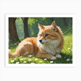 A Cute Fox With Orange And White Fur Sits In A Field Of Daisies Under The Warm Sunlight Art Print