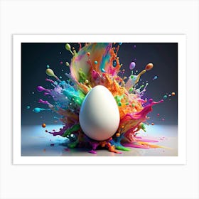 White Easter Egg Surrounded By A Colorful Paint Explosion Art Print