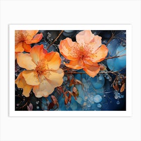 Abstract Flowers Blue Orange. Livingroom print art Art Print