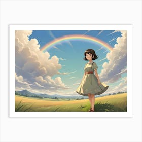 An Anime Girl In A Green Dress Stands In A Field, Gazing At A Rainbow Arcing Over A Lush Landscape Art Print