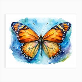 Watercolor Painting Of A Monarch Butterfly On Blue Background Art Print