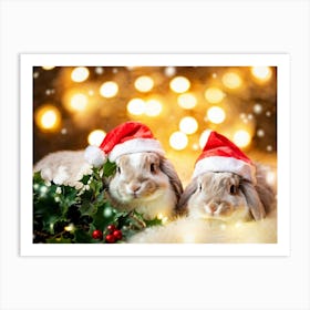 Christmas Bunnies Wearing Pastel Colored Santa Hats Nestled Among Soft Focus Holly Leaves Backlit Art Print