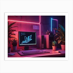 A Computer Desk Illuminated By Pink And Blue Neon Lights In A Modern, Minimalist Room With Potted Plants Art Print