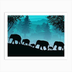 Sunset Elephant Animal Silhouette Nature Landscape Tree Sky Wild Wildlife Farm Art Print