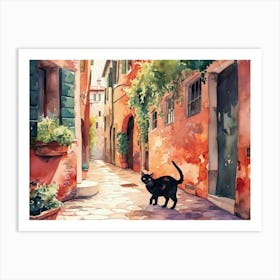 Black Cat In Ravenna, Italy, Street Art Watercolour Painting 4 Art Print