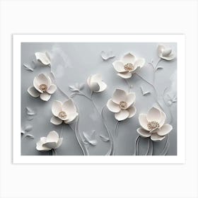 3D White Flowers On A Gray Wall Art Print