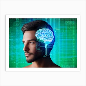 Abstract Portrait Of A Cyborg Man With A Human Profile Merging Into A Cubic Brain Showcasing The Co Art Print