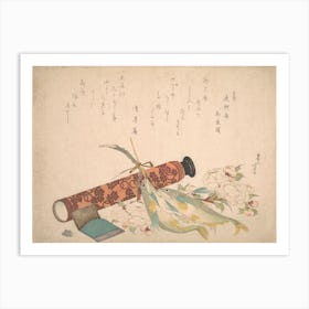 Still Life Double Cherry Blossom Branch, Telescope, Sweet Fish, And Tissue Case, Katsushika Hokusai Art Print