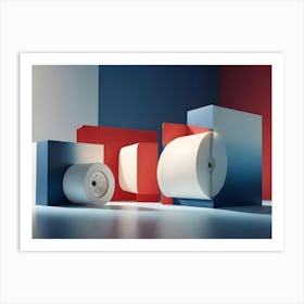 Photo Of Blue, Red, And White Geometric Shapes With A White Roll Of Paper In The Center Art Print