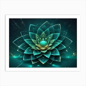 A Glowing, Blue And Green Lotus Flower With Intricate Details, Resembling A Futuristic Or Mystical Flower Art Print