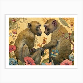 Floral Animal Illustration Baboon Art Print