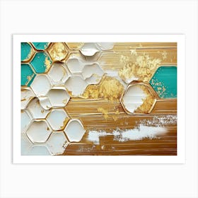 Oil On Canvas Abstract Artwork with Golden Grain Texture and Turquoise Splashes Art Print