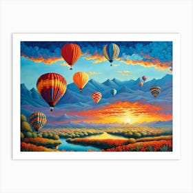 Hot Air Balloons in the sky, landscape with hot air balloons, hot air balloons in sunset, digital art, digital painting Art Print