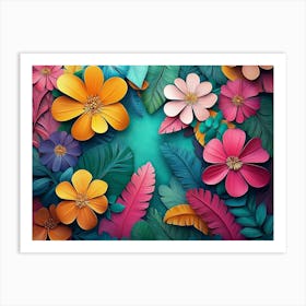 A Vibrant 3d Art Featuring Colorful Flowers and Leaves, With A Floral Illustration Art Print