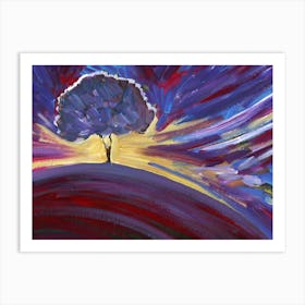 Sunset Tree - hand painted artwork purple blue yellow nature sky landscape horizontal bedroom living room brushstrokes Art Print