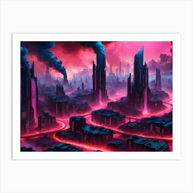 Cyberpunk industrial city with lava and river 3 Art Print