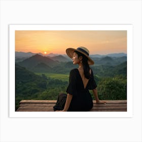 Evening View Of An Asian Woman Perched Solo On A Wooden Terrace Decked In A Summer Hat Her Black At (6) Art Print