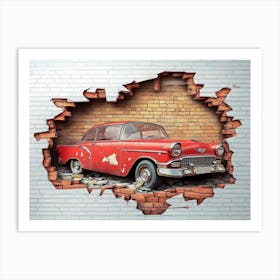 Colorful 3d Art With Broken Brick Wall, Classic Red Car And World Map Design Art Print