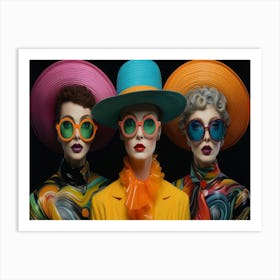 Three Women Wearing Colored Hats Glasses And Hats Art Print