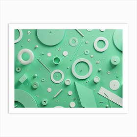 Flat Lay Composition Of Various Geometric Shapes In Mint Green And White, Scattered On A Matching Green Background Art Print