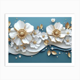 3d White and Blue Background with Golden Jewelry and Flowers 3 Art Print