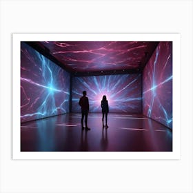 Two People Silhouetted Against A Large Screen Displaying A Digital Image Of A Galaxy With Swirling Energy And Light Art Print