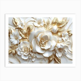 3d Floral Elegance Seamless Gold And White Ceramic Marble Texture 2 Art Print