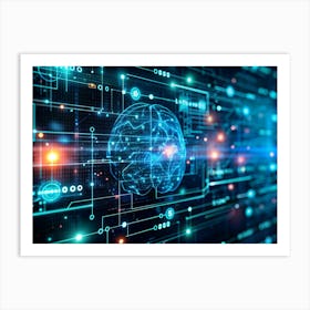 Digital Illustration Of A Human Brain With Circuit Board Patterns And Glowing Lines Art Print