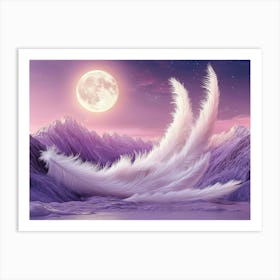 Philosophical 3d Surrealism Art with Soft Lilac Background, Elegant Ivory Feathers, Celestial Ranges and Luminous 1 Affiche