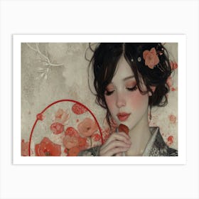 Geisha Grace: Elegance in Burgundy and Grey. Asian Girl 1 Art Print