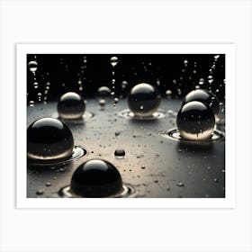 Reflective Spheres Of Water Rest On A Dark, Wet Surface, Capturing Falling Droplets And Their Ripples In Stunning Detail Art Print