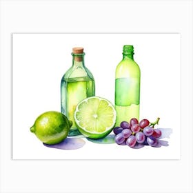 Lime and Grape near a bottle watercolor painting 12 Art Print