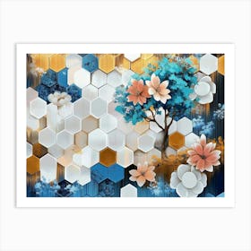 Abstract With White Lattice Tiles, Turquoise Tree, And Dynamic Blue Hexagons On A Floral Art Print