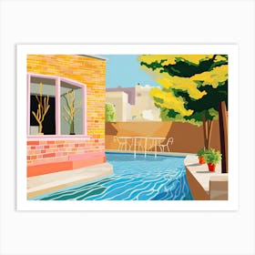 Summer London Patio, Outdoors With Pool And Trees, Hockney Style Art Print
